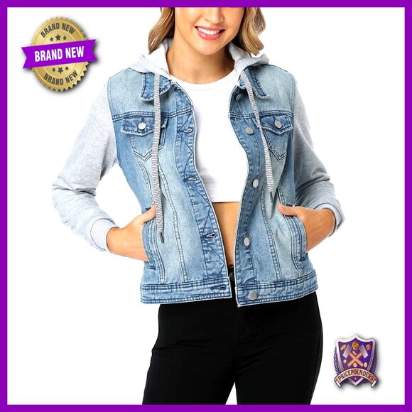 Hooded Denim Jacket Drawstring Layered Sweatshirt Classic Chic Streetwear